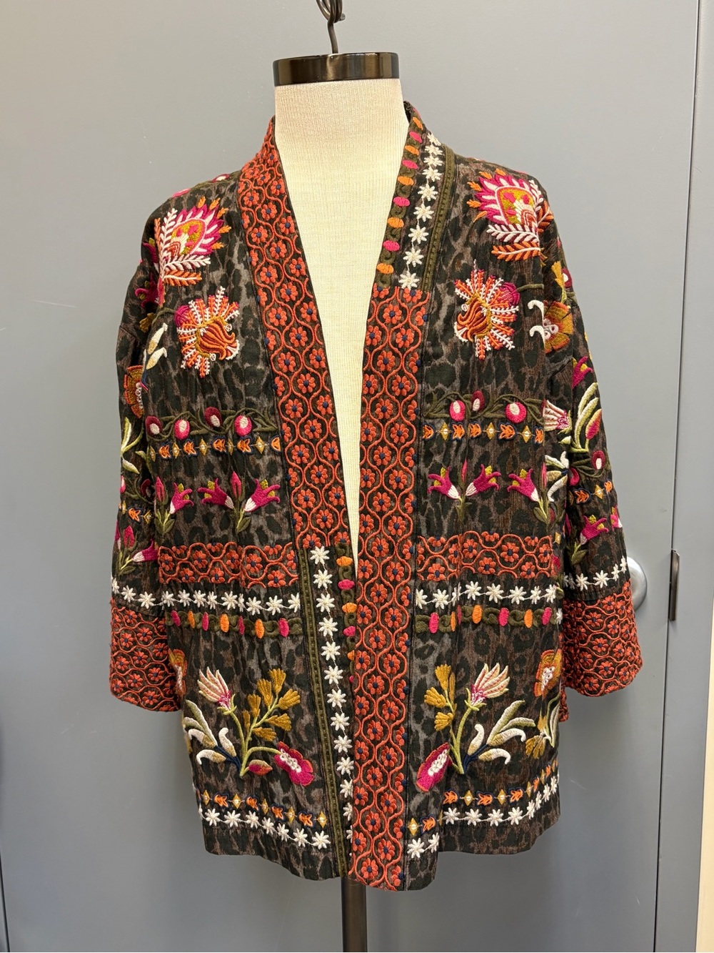 Johnny Was Workshop S Floral Embroidered Kimono Jacket Brown Boho Cotton